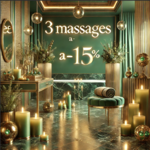 Image d'un espace spa luxueux en vert et doré, avec des bougies allumées, des plantes élégantes, et le texte "3 massages à -15%" mis en valeur dans une police lumineuse.