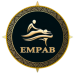 Logo de EMPAB représentant deux silhouettes humaines stylisées pour symboliser le massage et le bien-être, entourées d'un cercle doré sur fond noir.