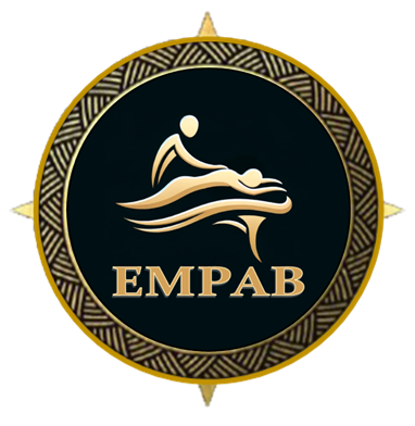 Logo de EMPAB représentant deux silhouettes humaines stylisées pour symboliser le massage et le bien-être, entourées d'un cercle doré sur fond noir.