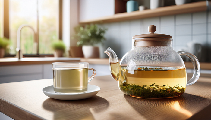 Théière en verre remplie d'une infusion de plantes, accompagnée d'une tasse de thé sur une table en bois, dans une ambiance lumineuse et apaisante.