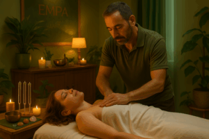 Un praticien effectue un massage californien sur une cliente allongée dans une salle de soin apaisante, décorée dans des tons verts et dorés. Des diapasons harmoniques, des bols tibétains et des cristaux énergétiques sont disposés autour, créant une ambiance propice au mieux-être et à l’harmonisation énergétique.