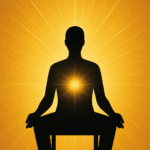 Illustration stylisée d'une silhouette humaine en méditation, assise en position de Pharaon sur une chaise. Un rayonnement lumineux émane du centre de sa poitrine, se déployant en cercles concentriques d'énergie dorée.