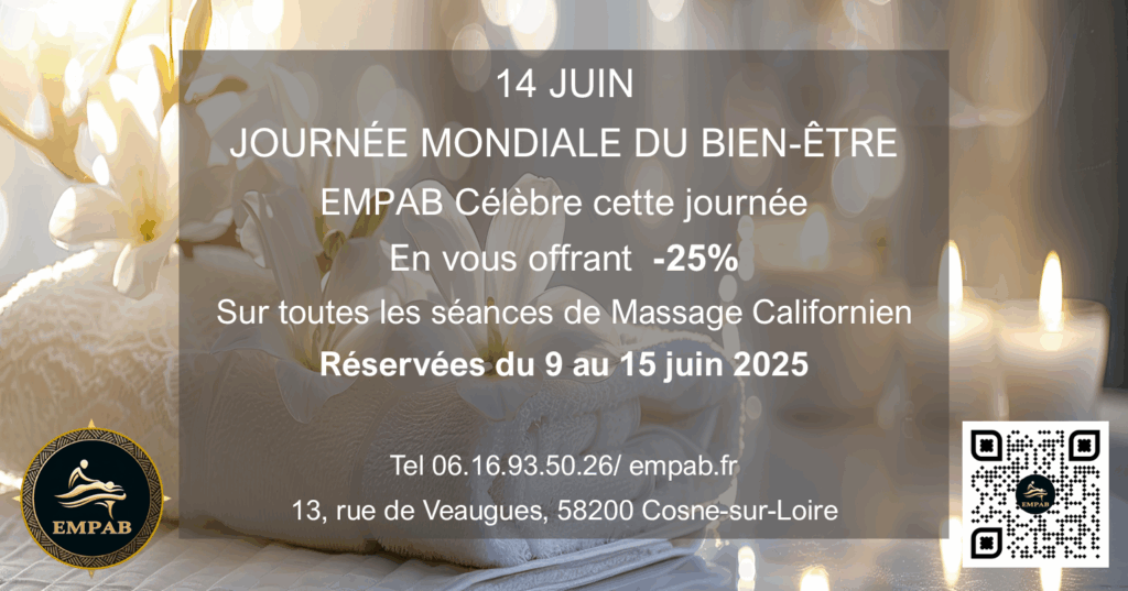 Image promotionnelle d’EMPAB annonçant une réduction de 25 % sur les séances de massage californien, illustrée avec des fleurs blanches, des bougies allumées et un logo doré EMPAB, accompagnée d’un QR code et des détails de contact.