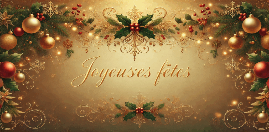 Carte de vœux festive de EMPAB avec des décorations dorées, des boules de Noël, des branches de houx et des guirlandes lumineuses, souhaitant 'Joyeuses fêtes' en lettres élégantes et dorées.