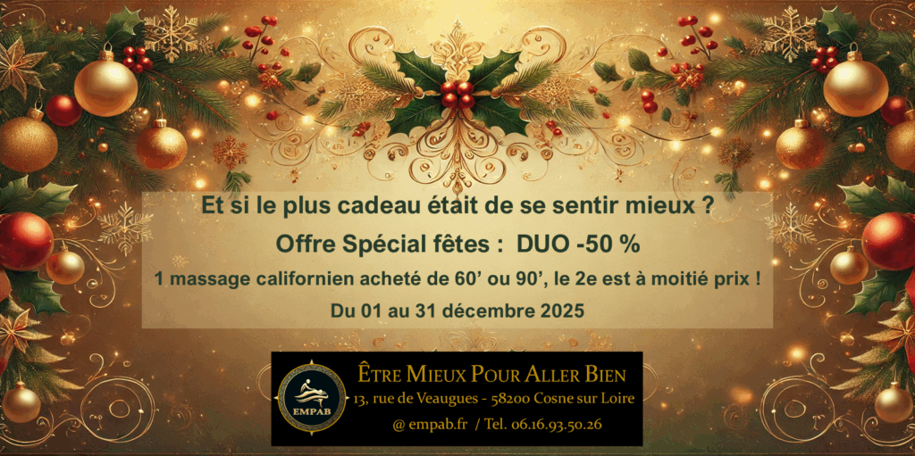 Carte de vœux festive décorée de guirlandes, boules et sapins dorés, annonçant une offre spéciale DUO : -50 % sur le deuxième massage chez Être Mieux Pour Aller Bien, du 01 au 31 décembre 2025.