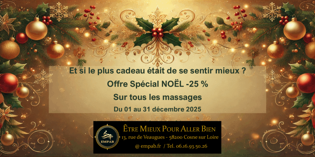 Carte de vœux festive décorée de guirlandes, boules et motifs dorés, annonçant une offre spéciale Noël : -25 % sur tous les massages chez Être Mieux Pour Aller Bien, du 1er au 31 décembre 2025."